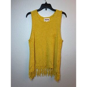 Pepin Mustard Yellow Sleeveless Knit Fringe Hem Pointelle Top Small